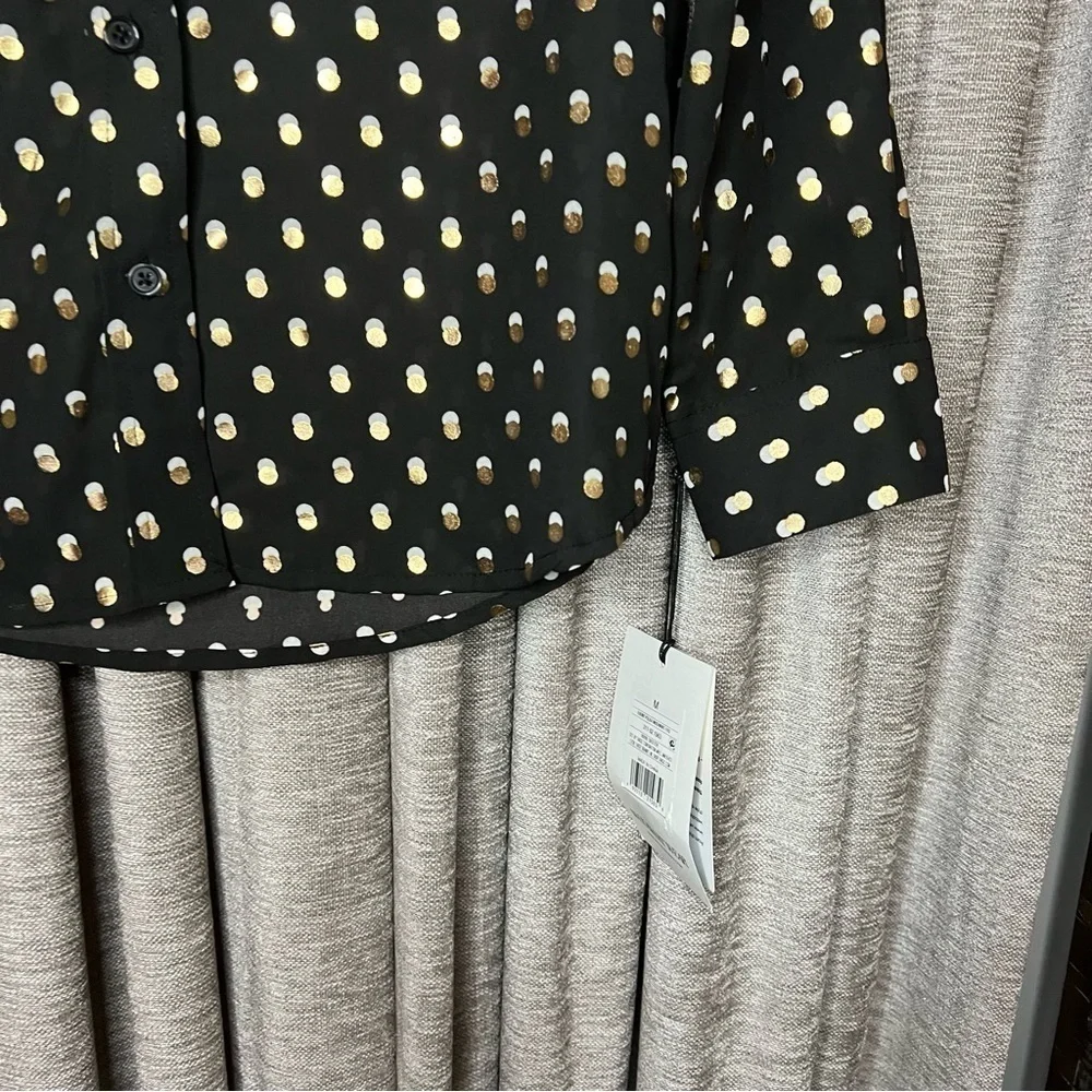 NWT Who What Wear Black Button Down Shirt with Gold & White Polka Dots Medium